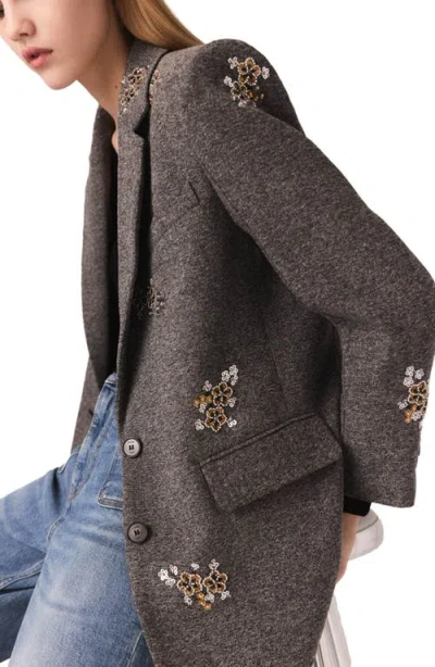 Maje Flower-embroidered Wool Jacket In Gray