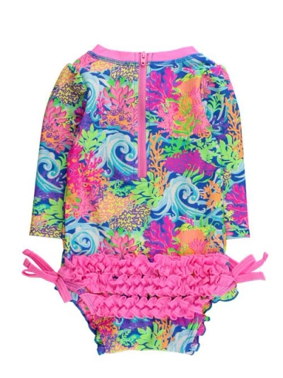 Rufflebutts Upf50+ Sun Protected Neon Long Sleeve One Piece Rash Guard Swimsuit, With Signature Rear In Black