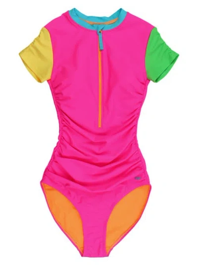 Rufflebutts Quarter Zip Short Sleeve One Piece Rash Guard Swimsuit In Multi