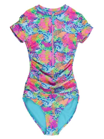 Rufflebutts Quarter Zip Short Sleeve One Piece Rash Guard Swimsuit In Multi