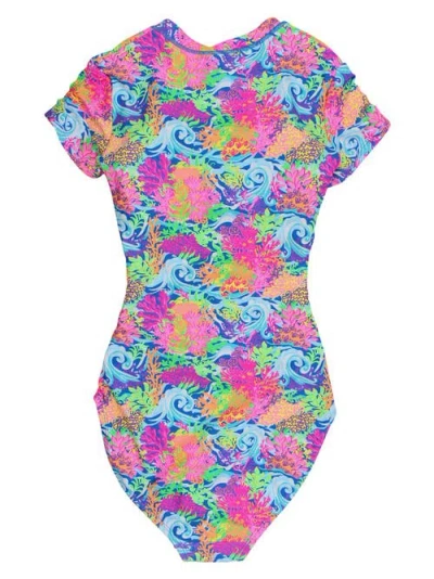 Rufflebutts Quarter Zip Short Sleeve One Piece Rash Guard Swimsuit In Multi