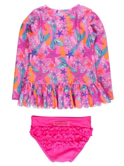 Rufflebutts Girls Upf50+ Sun Protected Scallop Hem Long Sleeve Rash Guard Bikini In Multi
