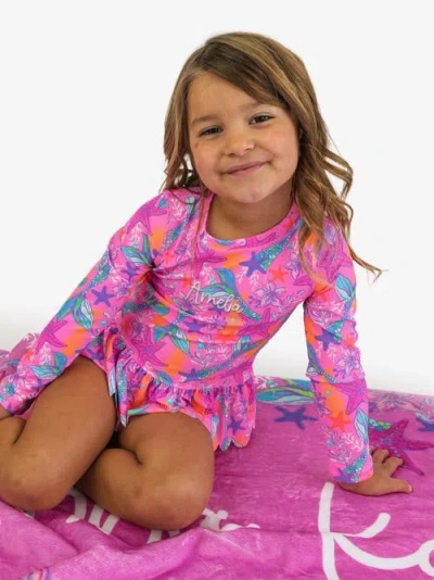 Rufflebutts Girls Upf50+ Sun Protected Scallop Hem Long Sleeve Rash Guard Bikini In Multi