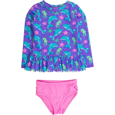 Rufflebutts Girls Upf50+ Sun Protected Scallop Hem Long Sleeve Rash Guard Bikini In Animal Print