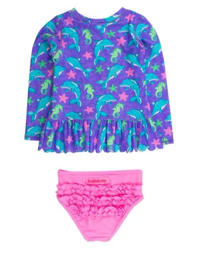 Rufflebutts Girls Upf50+ Sun Protected Scallop Hem Long Sleeve Rash Guard Bikini In Animal Print