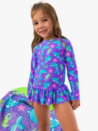 Rufflebutts Girls Upf50+ Sun Protected Scallop Hem Long Sleeve Rash Guard Bikini In Animal Print