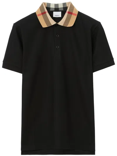 Burberry Check Collar Cotton Cody Polo Shirt In Black