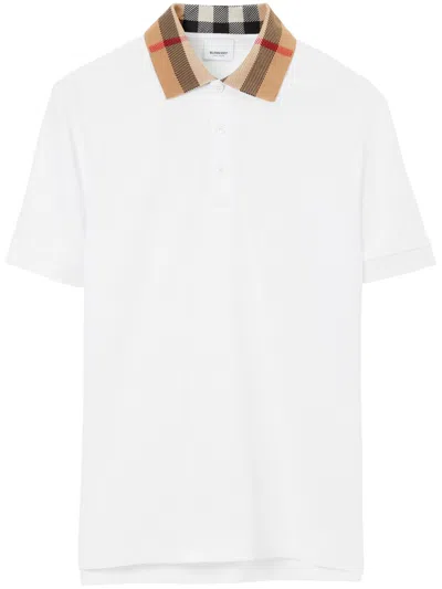 Burberry Check-collar White Polo Shirt With Three-button Placket