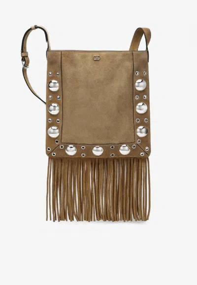 Valentino Nellcote Fringed Suede Shoulder Bag In Sand