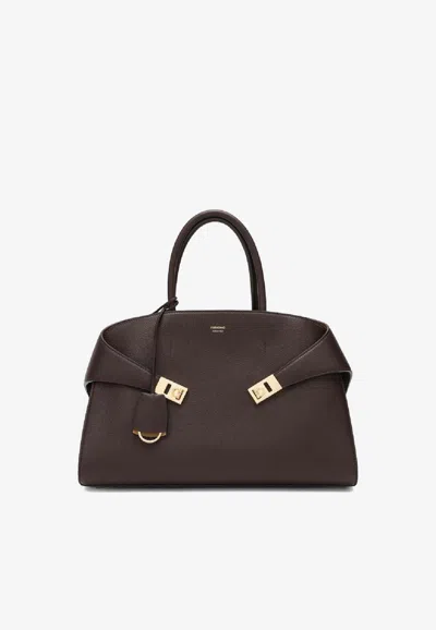 Ferragamo Structured Pebbled Leather Brown Handbag With Gold-tone Hardware In Brown