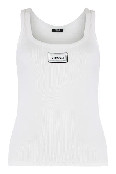 Versace Ribbed Stretch Tank Top In Cotton In White