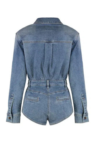 Self-portrait Denim Jumpsuit With Rhinestones In Blue