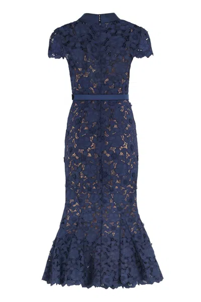 Self-portrait Guipure Blue Long Dress With Lace Design And Adjustable Waist Belt In Fabric Woman In Blue