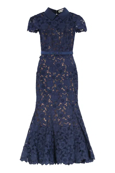 Self-portrait Guipure Blue Long Dress With Lace Design And Adjustable Waist Belt In Fabric Woman In Multi