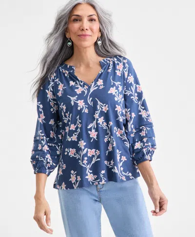 Style & Co Women's Printed Smocked Knit Top, Macy's Exclusive In Blue
