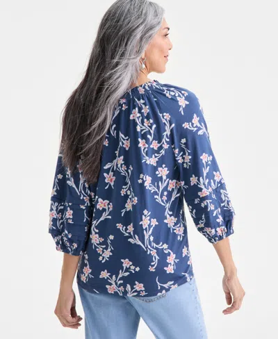 Style & Co Women's Printed Smocked Knit Top, Macy's Exclusive In Blue