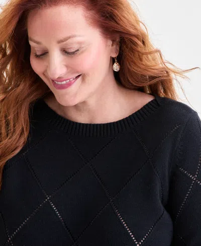 Style & Co Plus Size Pointelle Boat-neck Sweater, Macy's Exclusive In Black