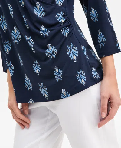 Jm Collection Petite Dani Geo 3/4-sleeve Knit Dressing Surplice V-neck Top, Macy's Exclusive In Blue