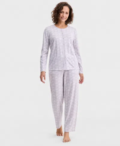 Charter Club Women's Cotton Printed Button-front Pajama Set, Exclusively At Macy's In White