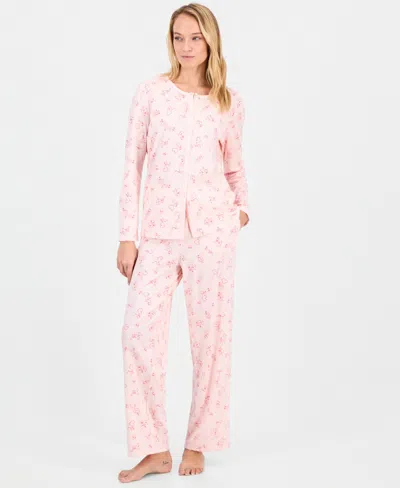 Charter Club Women's Cotton Printed Button-front Pajama Set, Exclusively At Macy's In Pink