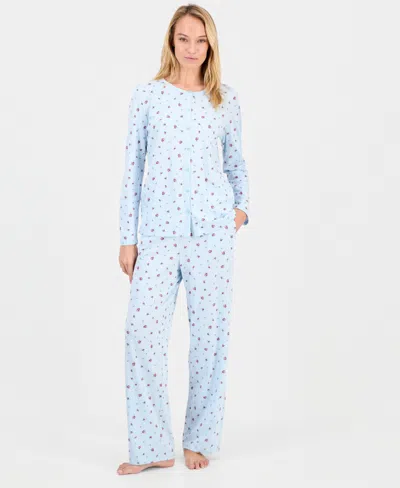 Charter Club Women's Cotton Printed Button-front Pajama Set, Exclusively At Macy's In Blue