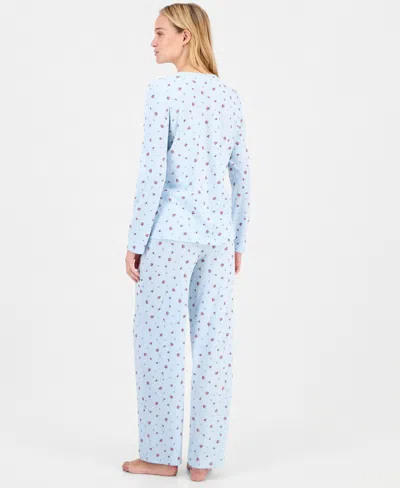 Charter Club Women's Cotton Printed Button-front Pajama Set, Exclusively At Macy's In Blue