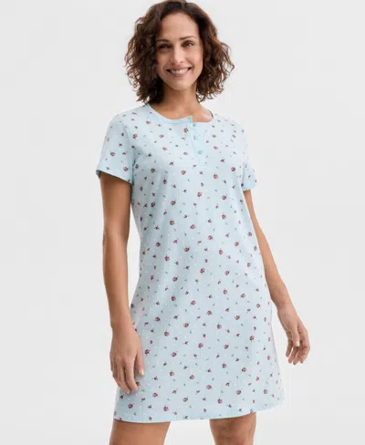 Charter Club Women's Cotton Printed Henley Sleepshirt, Created For Macy's In Blue