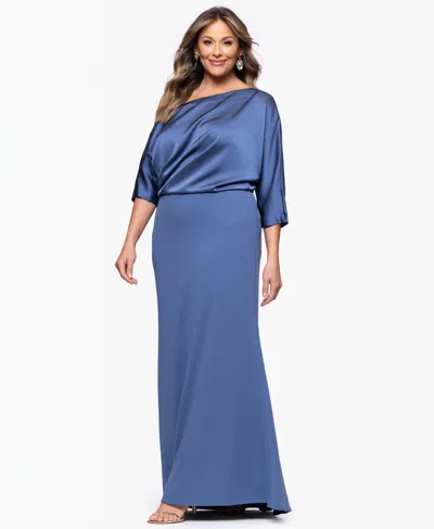 Betsy & Adam Plus Size Asymmetrical Neck Long Dress In Blue