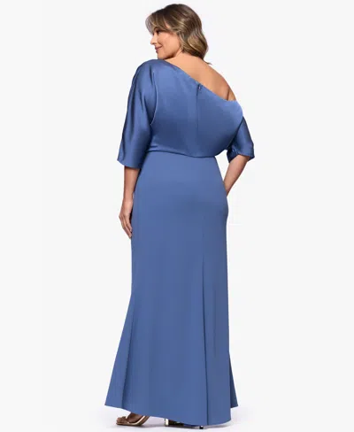 Betsy & Adam Plus Size Asymmetrical Neck Long Dress In Blue