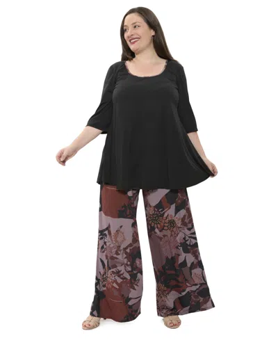 24seven Comfort Apparel Plus Size Floral Print Scoop Neck Elbow Sleeve Tunic Swing Top And Pant Set In Multi