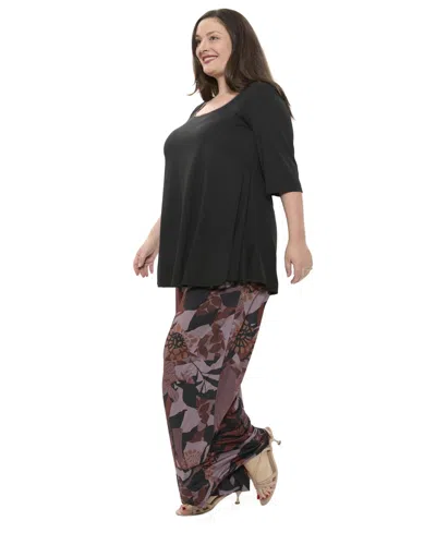 24seven Comfort Apparel Plus Size Floral Print Scoop Neck Elbow Sleeve Tunic Swing Top And Pant Set In Multi