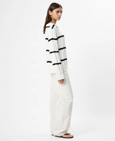 French Connection Mozart Stripe Cable Stitch Cotton Boat Neck Sweater In White