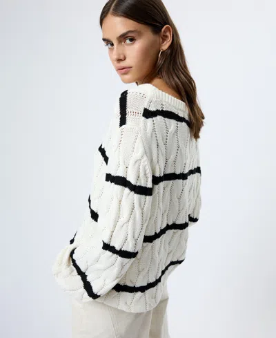French Connection Mozart Stripe Cable Stitch Cotton Boat Neck Sweater In White
