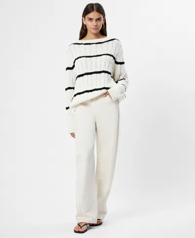 French Connection Mozart Stripe Cable Stitch Cotton Boat Neck Sweater In White