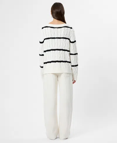 French Connection Mozart Stripe Cable Stitch Cotton Boat Neck Sweater In White