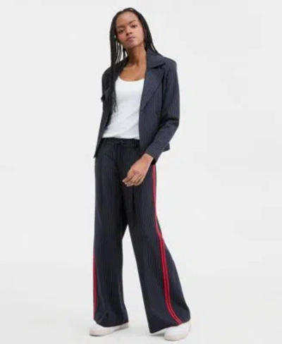 Liverpool Los Angeles Cropped Trench Jacket Built In Bra Top Pleated Trousers In Blue