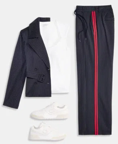 Liverpool Los Angeles Cropped Trench Jacket Built In Bra Top Pleated Trousers In Blue