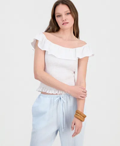 Just Polly Juniors' Ruffled Smocked Scoop-neck Top In White