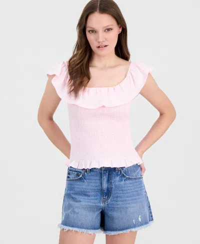 Just Polly Juniors' Ruffled Smocked Scoop-neck Top In Pink