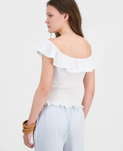 Just Polly Juniors' Ruffled Smocked Scoop-neck Top In White