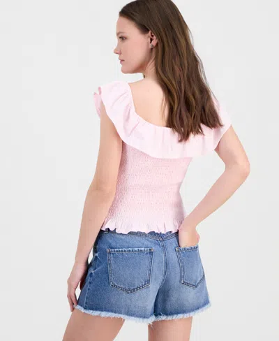 Just Polly Juniors' Ruffled Smocked Scoop-neck Top In Pink