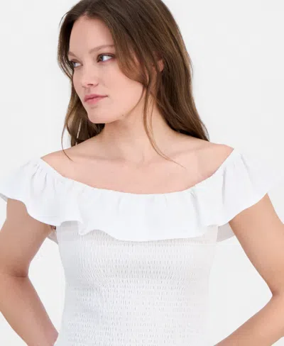 Just Polly Juniors' Ruffled Smocked Scoop-neck Top In White