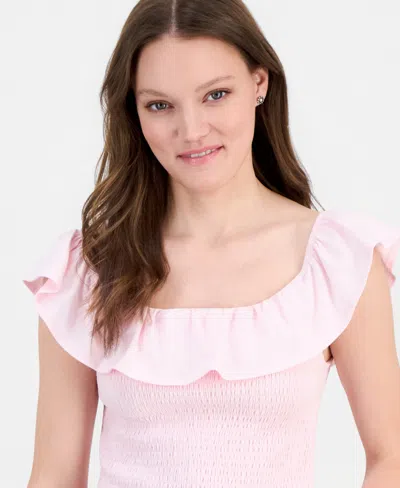 Just Polly Juniors' Ruffled Smocked Scoop-neck Top In Pink