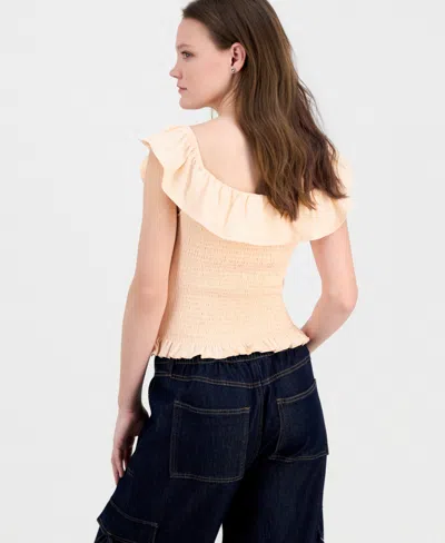 Just Polly Juniors' Ruffled Smocked Scoop-neck Top In Orange