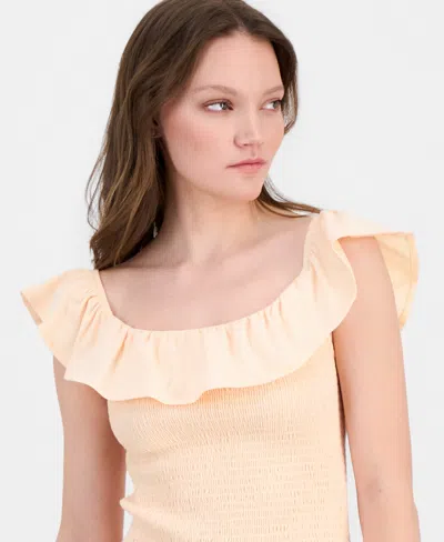 Just Polly Juniors' Ruffled Smocked Scoop-neck Top In Orange