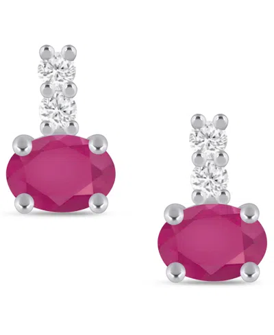 Macy's Gemstone And Diamond (1/8 Ct. T.w.) Earrings In 10k White Gold (also In 10k Yellow Gold) In Pink
