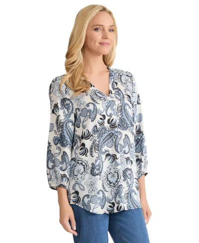 Jones New York Petite 3/4-sleeve V-neck Tunic Cuff Top In Blue