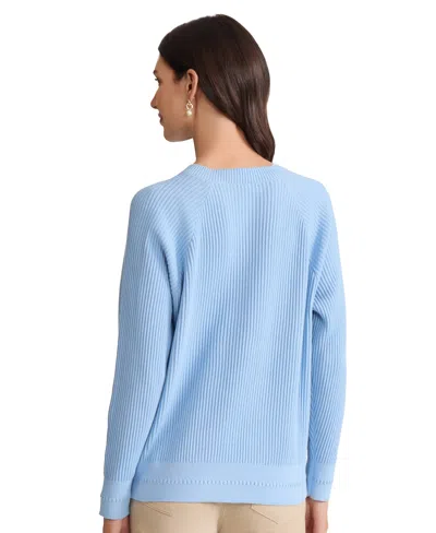 Jones New York Petite Raglan Button Sleeve Crewneck Sweater In Blue