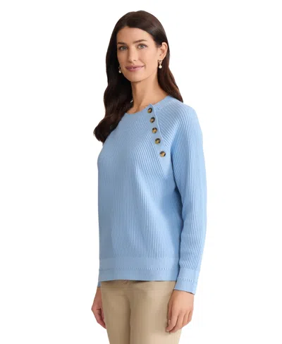 Jones New York Petite Raglan Button Sleeve Crewneck Sweater In Blue