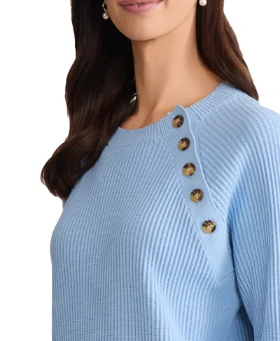 Jones New York Petite Raglan Button Sleeve Crewneck Sweater In Blue